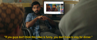 Also, my mom made pizza rolls. Stephen George shows off his demo reel to people in his bedroom in a photoshopped frame of the movie Who Was Phone? (2018).